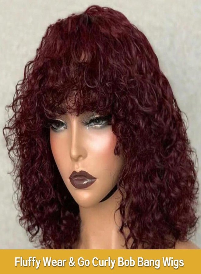JOEDIR HAIR Wig Human Hair Wigs for Black Women Wear and Go Afro Curly Bob Wig with Bangs 12 Inches Water Wave Glueless Wigs 250% Density (99J / Burgundy) - Image 2